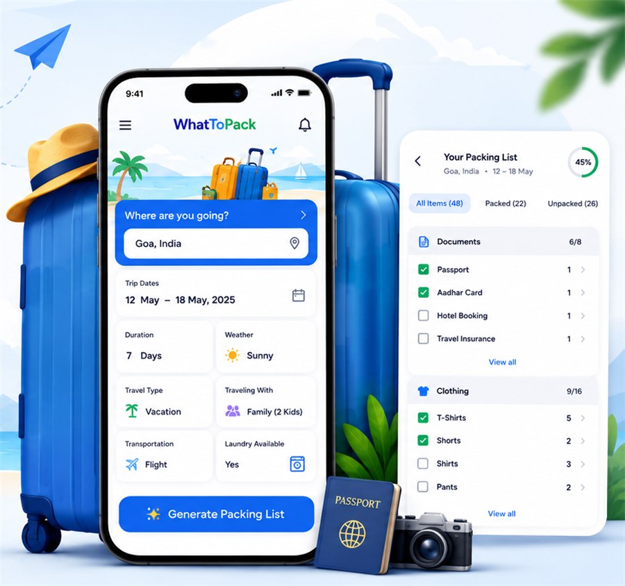 WhatToPack app on a phone next to packed suitcases, a passport, and a camera, showing the trip planner and packing checklist screens