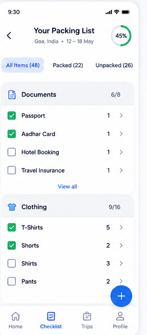 Packing checklist screen with items grouped into categories and progress tracking