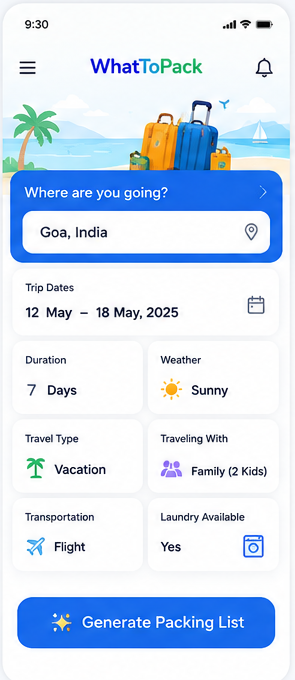 Home screen for creating a trip with destination, dates, weather, and travel details