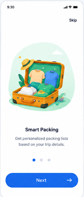 Onboarding screen introducing smart, personalized packing lists