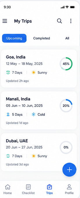 My Trips screen listing upcoming and completed trips with packing progress